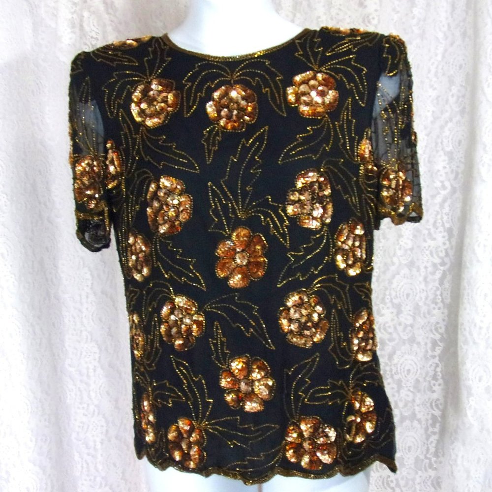 Stenay Black Gold Bling Sequins  Top Size 14